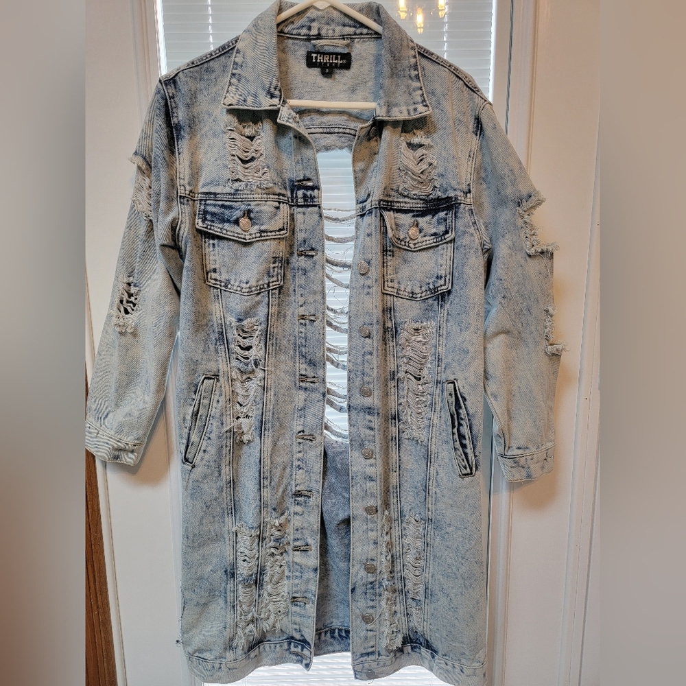 Knee Lenth Light Blue Distressed Jean Jacket